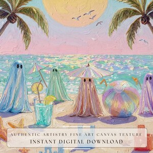 Extreme close-up mockup of Tiny Ghosts Beach Day Wall Art focusing on the heavy impasto brushstrokes and painterly texture of the waves and sun. The visible paint layers and iridescent jelly ghost details demonstrate the authentic artistry of this quirky maximalist pastel coastal painting. This detail shot proves the high-quality digital download standards of our fine art collection... — painterly texture close-up.