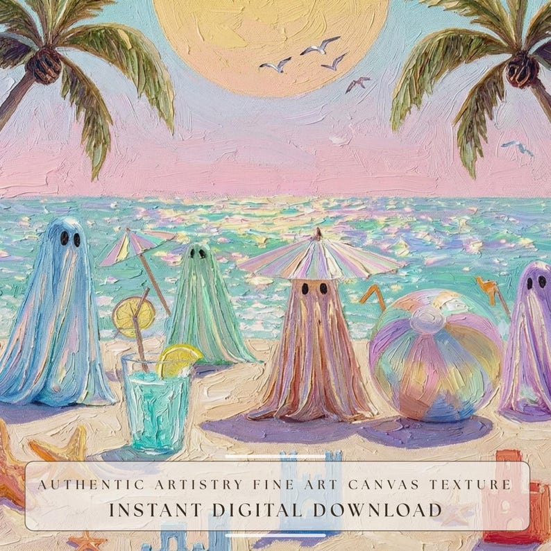 Extreme close-up mockup of Tiny Ghosts Beach Day Wall Art focusing on the heavy impasto brushstrokes and painterly texture of the waves and sun. The visible paint layers and iridescent jelly ghost details demonstrate the authentic artistry of this quirky maximalist pastel coastal painting. This detail shot proves the high-quality digital download standards of our fine art collection... — painterly texture close-up.