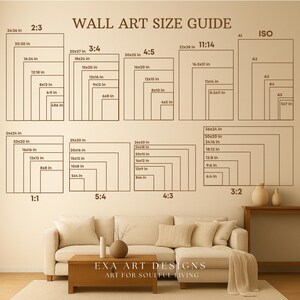 A sophisticated lifestyle mockup of a modern beige living room featuring a visual wall art size guide above a cozy sofa. This comparison chart demonstrates various frame sizes and aspect ratios including 2:3, 3:4, 4:5, 11:14, ISO, and square formats in a real-world setting. It helps customers visualize how different art dimensions look in their space, ensuring the perfect fit for gallery walls. Elegant home decor inspiration for soulful living.