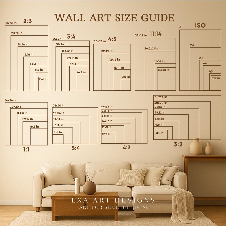 A sophisticated lifestyle mockup of a modern beige living room featuring a visual wall art size guide above a cozy sofa. This comparison chart demonstrates various frame sizes and aspect ratios including 2:3, 3:4, 4:5, 11:14, ISO, and square formats in a real-world setting. It helps customers visualize how different art dimensions look in their space, ensuring the perfect fit for gallery walls. Elegant home decor inspiration for soulful living.
