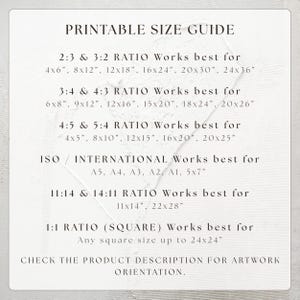 Comprehensive printable wall art size guide chart listing all compatible aspect ratios for high quality home decor printing. The guide covers 2:3, 3:4, 4:5, ISO, 11:14, and 1:1 square ratios with detailed inch measurements from 4x6 up to 24x36. This technical reference ensures customers choose the right file for their frames and professional printing services. Essential information for DIY home styling and gallery wall projects.