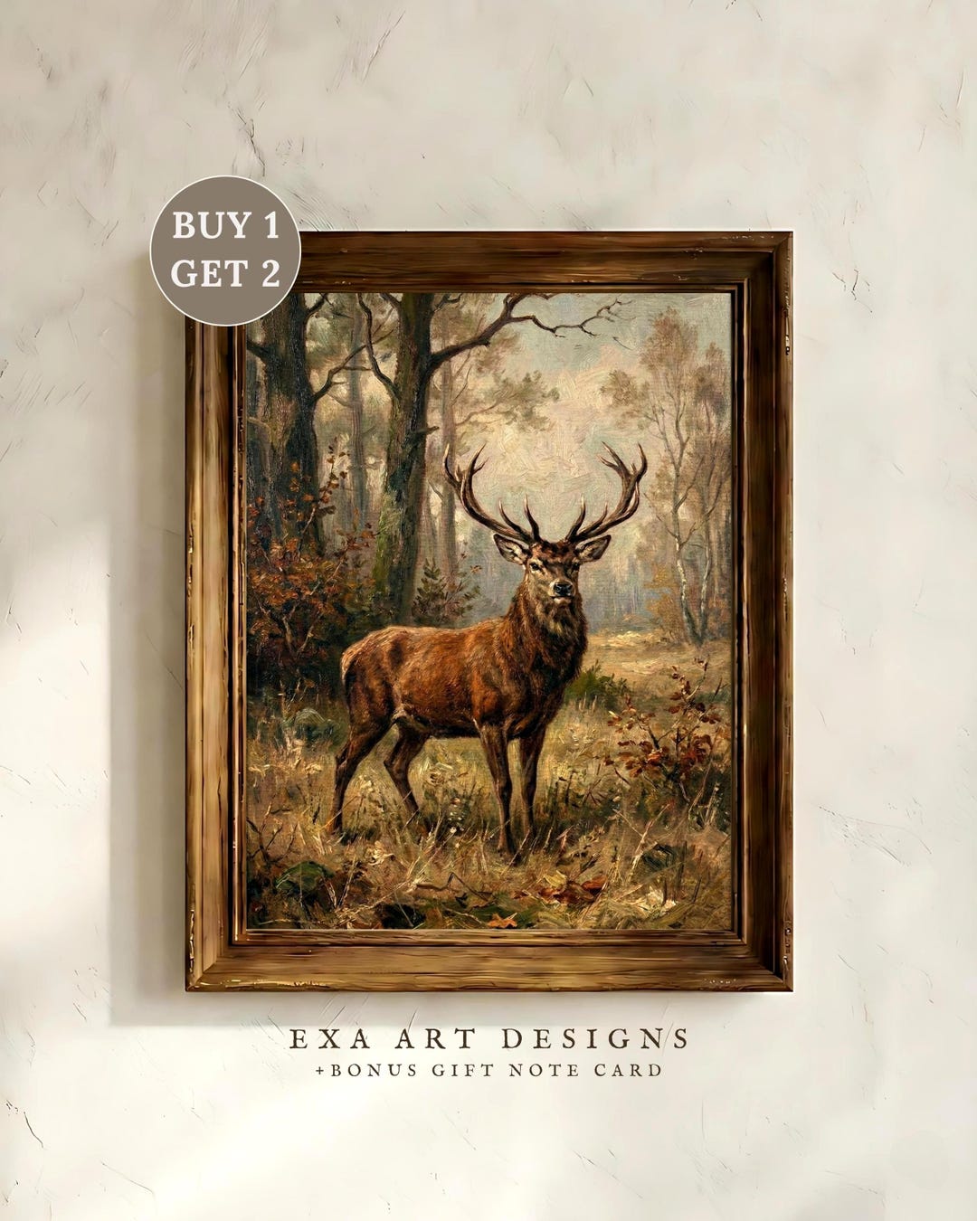 Rustic Deer Forest Wall Art | Vintage Woodland Stag Painting, Dark ...