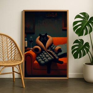 面白い黒猫の壁アート、ムーディなヴィンテージレトロな猫のアートプリント、バーカートの装飾、気まぐれな折衷的なカクテルの壁アート、風変わりなかわいい猫のポスター