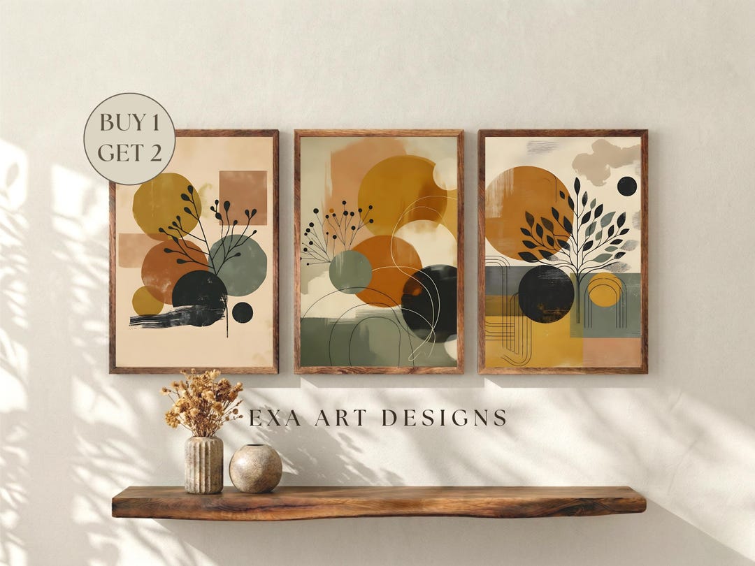 Geometric Abstract Wall Art Set of 3, Modern Boho Mid Century Prints ...