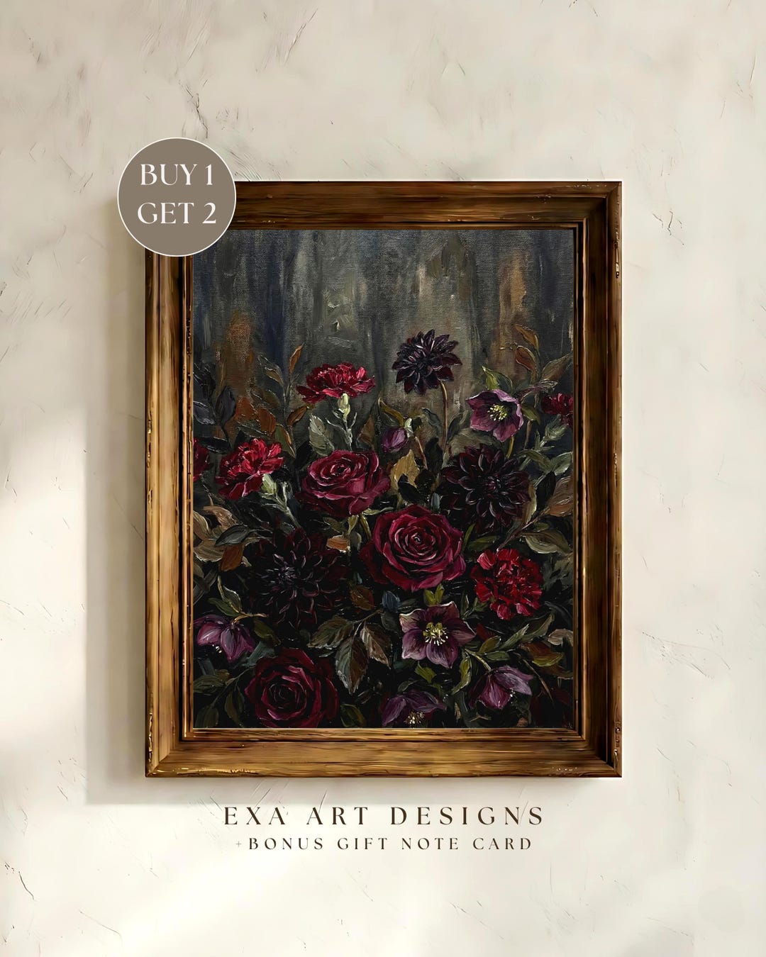 Moody Vintage Floral Print, Burgundy Rose Flowers Antique Oil Painting ...