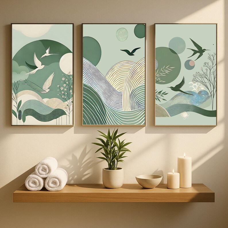 Sage Green Japandi Wall Art Set of 3 – Wabi Sabi Flying Bird Japanese ...