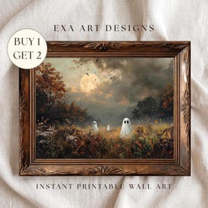 May include: A framed wall art print titled EXA ART DESIGNS featuring a landscape with three white ghosts in a field of wildflowers under a full moon and cloudy sky. The text BUY 1 GET 2 and INSTANT PRINTABLE WALL ART are visible on the image.