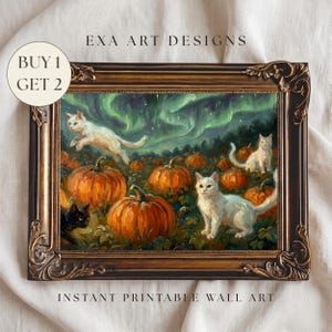 Vintage Halloween Printable Art, Whimsical Cat Pumpkin Patch Painting, Northern Lights Landscape Print, Spooky Cottage Fall Decor