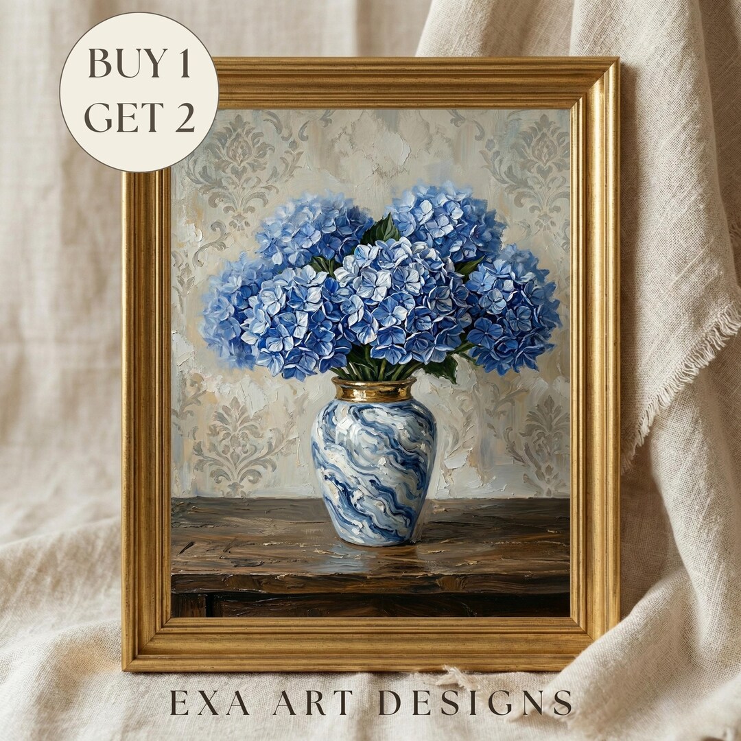 Blue Hydrangea Flower Print | Moody Vintage Floral Oil Painting, Modern ...