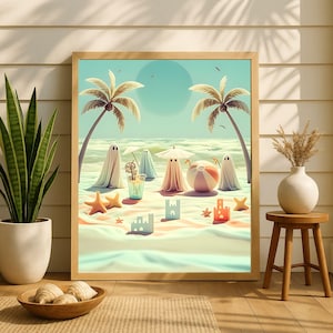 Ghostly Halloween Printable Wall Art Summerween Halloween Cute Ghost Poster Pastel Coastal Beach Print Tiny Spooky Ghost Art Halloween Decor