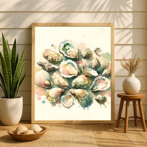 Coastal Oyster Shells Wall Art - Abstract Coastal Beach House Kitchen Art Print - Oyster Shell Painting Coastal Pastel Color Digital Print