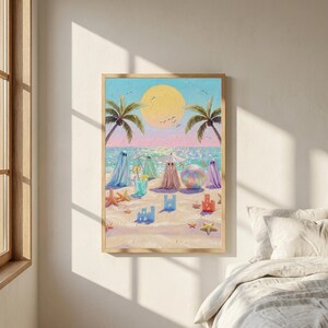 Tiny Ghosts Beach Day Wall Art hanging in a cozy, sun-filled bedroom with soft morning light and window shadows dancing on the wall. The whimsical pastel ghosts and coastal scenery transform the room into a serene sanctuary with a touch of quirky maximalist charm. This mockup illustrates the restorative home decor power of our digital art prints in a peaceful, airy bedroom setting... — instant digital decor for any mood.