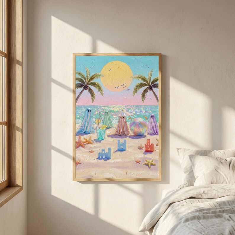 Tiny Ghosts Beach Day Wall Art hanging in a cozy, sun-filled bedroom with soft morning light and window shadows dancing on the wall. The whimsical pastel ghosts and coastal scenery transform the room into a serene sanctuary with a touch of quirky maximalist charm. This mockup illustrates the restorative home decor power of our digital art prints in a peaceful, airy bedroom setting... — instant digital decor for any mood.