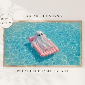 Summerween Halloween Cute Ghost Frame TV Art - Glitter Ghost on Pool Float Painting Pink Halloween Summer Pool Party Decor Samsung Frame TV