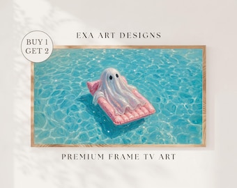 Summerween Halloween Cute Ghost Frame TV Art - Glitter Ghost on Pool Float Painting Pink Halloween Summer Pool Party Decor Samsung Frame TV
