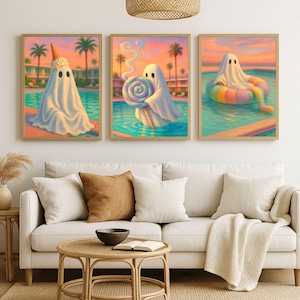 Summerween Halloween Gallery Wall Art Printable Set of 3 Cute Ghost Painting Vacation Vibe Pastel Pool Party Print Sweet Halloween Decor