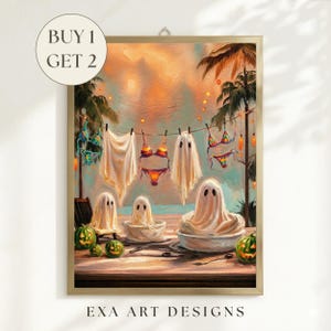 May include: An oil painting print featuring three ghosts sitting at a table with small pumpkins, while bikinis and ghost sheets hang on a clothesline against a tropical sunset background. The text BUY 1 GET 2 is visible in the upper left corner.