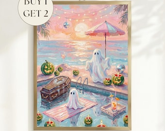 Summerween Glitter Ghost Pool Party Print, Disco Halloween Watermelon Jack o Lantern & Coffin Cute Ghost Painting, Preppy Pastel Goth Decor
