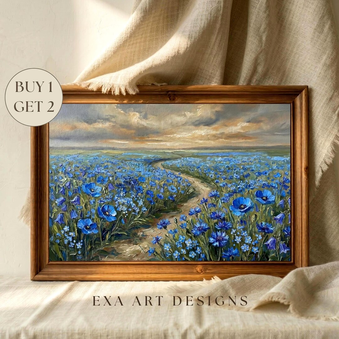 Moody Blue Wildflowers Landscape Oil Painting | Vintage Flower Field ...