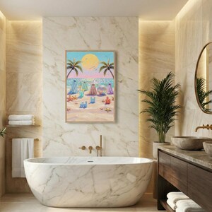 Tiny Ghosts Beach Day Wall Art hanging in a luxurious marble bathroom featuring a freestanding tub and modern wooden vanity with warm ambient lighting. The whimsical pastel colors and heavy palette knife textures of the summerween ghosts create a serene yet playful coastal focal point. This lifestyle scene highlights how quirky ghost painting elevates a high-end bathroom decor with a touch of humor. — bring calm artistry to your walls and download instantly.