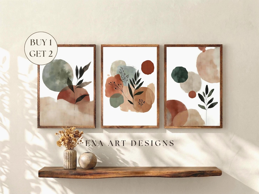 Abstract Botanical Set of 3 Boho Wall Prints, Mid Century Modern Home ...