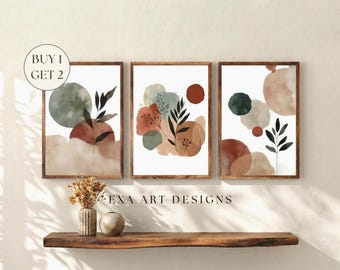 Abstract Botanical Set of 3 Boho Wall Prints, Mid Century Modern Home Decor, Sage Green and Terracotta Wall Art Digital Abstract Art Prints