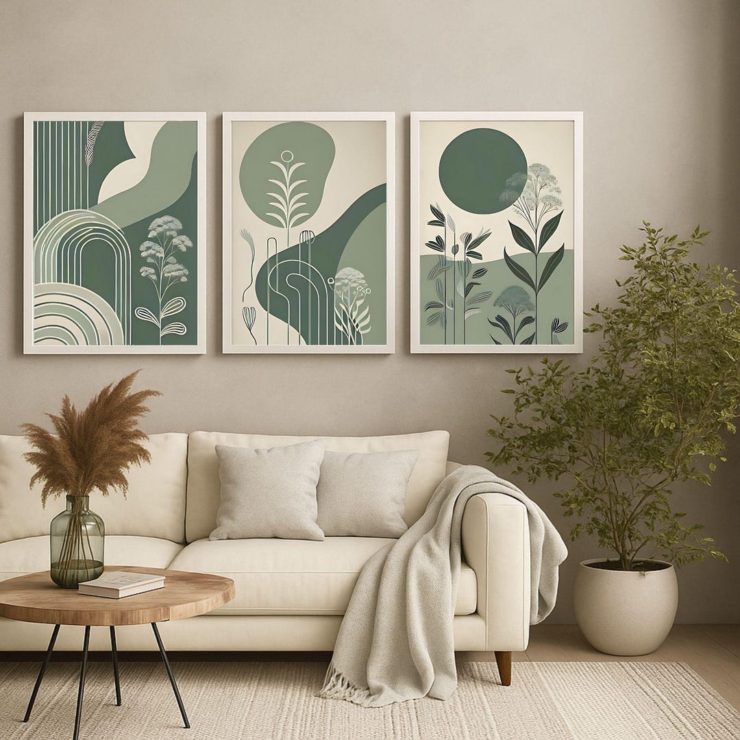 Abstract Botanical Sage Green Wall Art Set of 3 Japandi Prints - Floral ...