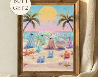 Tiny Ghosts Beach Day Wall Art | Summerween Halloween Cute Ghost Oil Painting Printable, Quirky Bathroom Art, Whimsical Pastel Coastal Decor