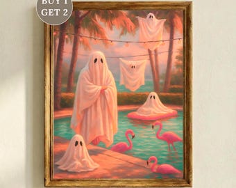 Whimsical Ghosts Laundry Day Vintage Painting | Pastel Halloween Pink Ghost Print, Retro Flamingo Pool Party, Cute Ghost Bathroom Decor
