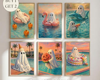 Summerween Ghost Art Prints Bundle Set of 6, Pastel Halloween Cute Ghost Painting, Spooky Summer Whimsical Pool Party Decor Digital Download