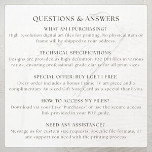 Professional FAQ and technical specifications mockup for high-definition printable wall art downloads. This informative guide highlights the 300 DPI professional grade clarity and multiple ratio options for a perfect print finish. Includes a Buy 1 Get 1 Free special offer announcement with bonus Frame TV art and a complimentary A6 gift note card. Designed to provide a secure and easy digital shopping experience for modern art lovers and home decorators.