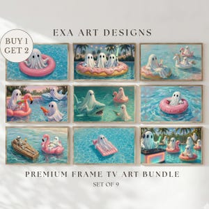 Op de afbeelding: Een digitaal kunstpakket met negen rechthoekige prints getiteld EXA ART DESIGNS en PREMIUM FRAME TV ART BUNDLE. De afbeeldingen tonen witte geesten in zwembaden, drijvend op roze donutringen, rijdend op haaien, loungend op luchtbedden en feestend.