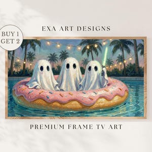 Summerween Halloween Cute Ghost Frame TV Art – Whimsical Ghosts on Donat Pool Float Painting Summer Pool Party Decor for Samsung Frame TV
