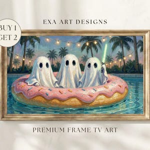 Summerween Halloween Cute Ghost Frame TV Art – Whimsical Ghosts on Donat Pool Float Painting Summer Pool Party Decor for Samsung Frame TV
