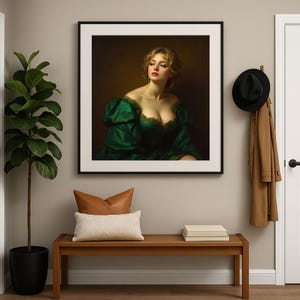 Victorian Woman Moody Portrait Painting Emerald Green Renaissance Vintage Art Print Dark Academia Decor Printable Eclectic Baroque Wall Art