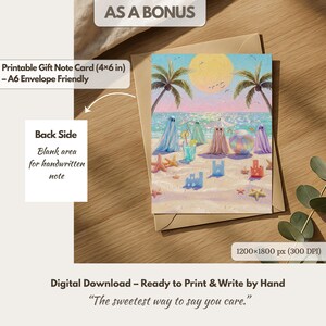 Promotional mockup for Tiny Ghosts Beach Day Wall Art featuring a matching 4x6 printable gift note card and envelope on a sun-drenched wooden desk. The miniature ghost theme continues on the card, showcasing the exclusive bonus included with every digital purchase. This set provides extra value for a thoughtful seasonal gift or a personalized summerween greeting for friends and family... — perfect for holiday decor.