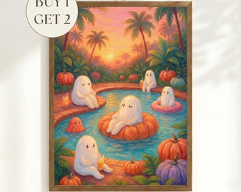 Summerween Halloween Cute Ghost Painting Print, Vintage Spooky Summer Poolside Wall Art, Whimsical Ghost Pumpkin Decor, Printable Wall Art