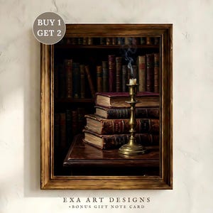 Dark Academia Vintage Books Wall Art, Moody Library Oil Painting, Antique Candle Print, Writer Aesthetic Decor, Book Lover Gift