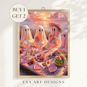 May include: A framed art print depicting four ghosts in white sheets sitting at a table outdoors during a sunset. The table is set with plates, a carved pumpkin, and spiderweb-themed decorations. The text BUY 1 GET 2 appears in a circle.