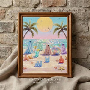 Tiny Ghosts Beach Day Wall Art featuring miniature iridescent ghosts in a dark wooden frame set against an aged brick wall with linen fabric. The high-contrast scene emphasizes the vibrant oil colors and textured surface of the whimsical summerween beach party artwork. A perfect visual representation of how this fine art print adds character and a sense of soulful living to rustic interiors... — download beautiful art for your home.