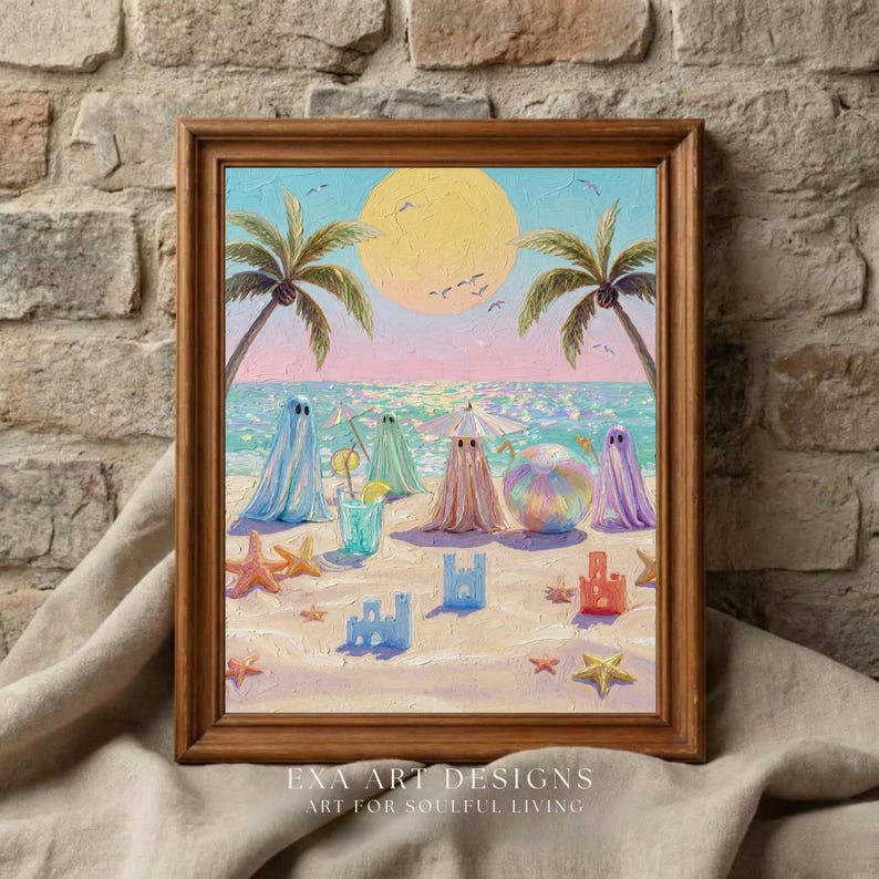 Tiny Ghosts Beach Day Wall Art featuring miniature iridescent ghosts in a dark wooden frame set against an aged brick wall with linen fabric. The high-contrast scene emphasizes the vibrant oil colors and textured surface of the whimsical summerween beach party artwork. A perfect visual representation of how this fine art print adds character and a sense of soulful living to rustic interiors... — download beautiful art for your home.