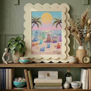 Tiny Ghosts Beach Day Wall Art displayed in a wavy cream scalloped frame on a wooden shelf styled with books, plants, and dried flowers against a deep green paneled wall. The impasto oil painting details and iridescent jelly ghost textures pop in this eclectic and maximalist setting. This lifestyle mockup illustrates how funny ghost art adds personality to a curated shelf for an everyday pop of color. — bring warmth home and shop digital art instantly.