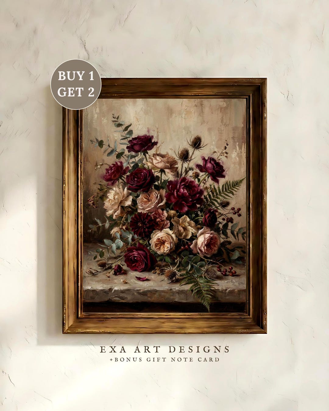 Moody Vintage Floral Print | Burgundy Rose Flowers Antique Oil Painting ...
