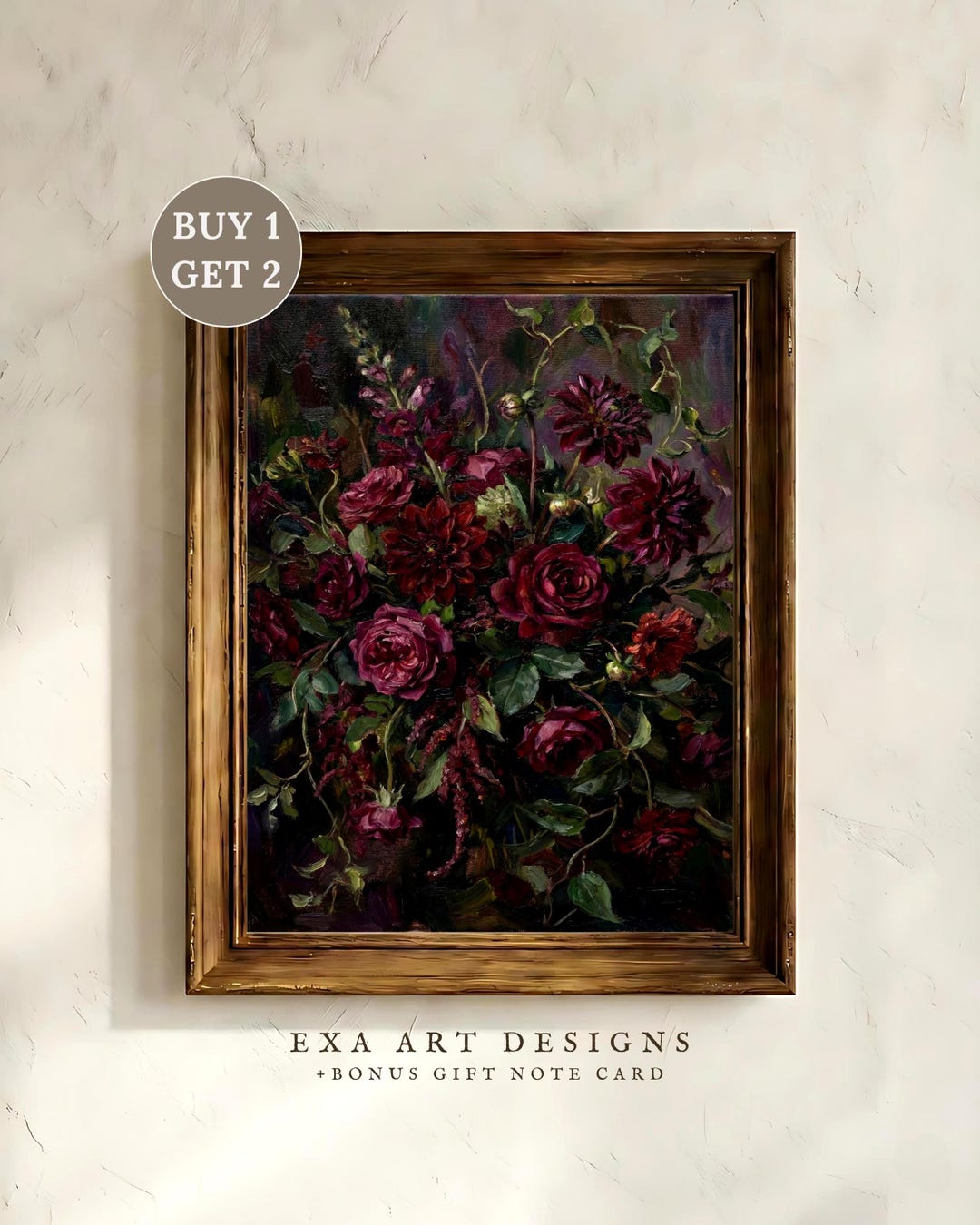 Moody Vintage Dark Floral Print | Burgundy Red Rose Flowers Oil ...