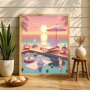 Ghostly Halloween Printable Wall Art Summerween Halloween Pink Ghost Poolside Wall Decor Pastel Coastal Beach Print Cute Ghost Poster