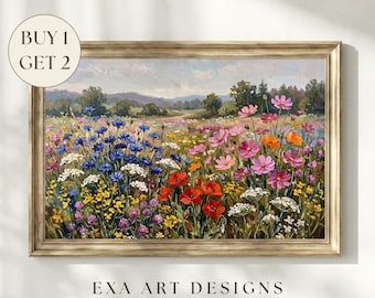 Könnte beinhalten: Gerahmtes Gemälde einer Blumenwiese mit roten, blauen, rosa, gelben und orangen Blüten. Das Kunstwerk ist vor dem Hintergrund von Hügeln und einem bewölkten Himmel platziert. Der Rahmen ist hellgoldfarben, mit dem Text "EXA ART DESIGNS" unten.