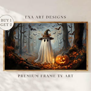 May include: A framed digital art print titled EXA ART DESIGNS featuring a white ghost wearing a witch hat standing in a dark forest with orange autumn leaves, a glowing jack-o'-lantern, a lit candle, and numerous black bats flying in the background.