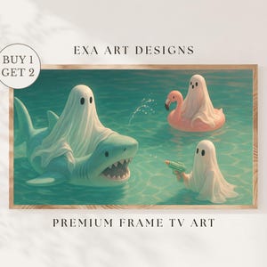 Summerween Halloween Cute Ghost Frame TV Art Halloween Samsung Frame TV Art Ghost Floating on Funny Shark Flamingo Ring Pool Party Decor