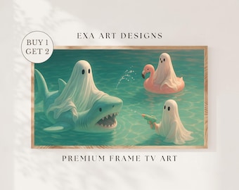 Summerween Halloween Cute Ghost Frame TV Art Halloween Samsung Frame TV Art Ghost Floating on Funny Shark Flamingo Ring Pool Party Decor