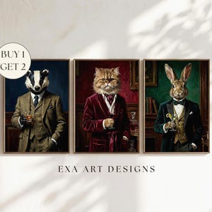 Vintage Victorian Animal Portrait Prints, Dapper Gentleman Whimsical Animals in Suits Wall Art Set of 3, Dark Academia Quirky Bar Cart Decor